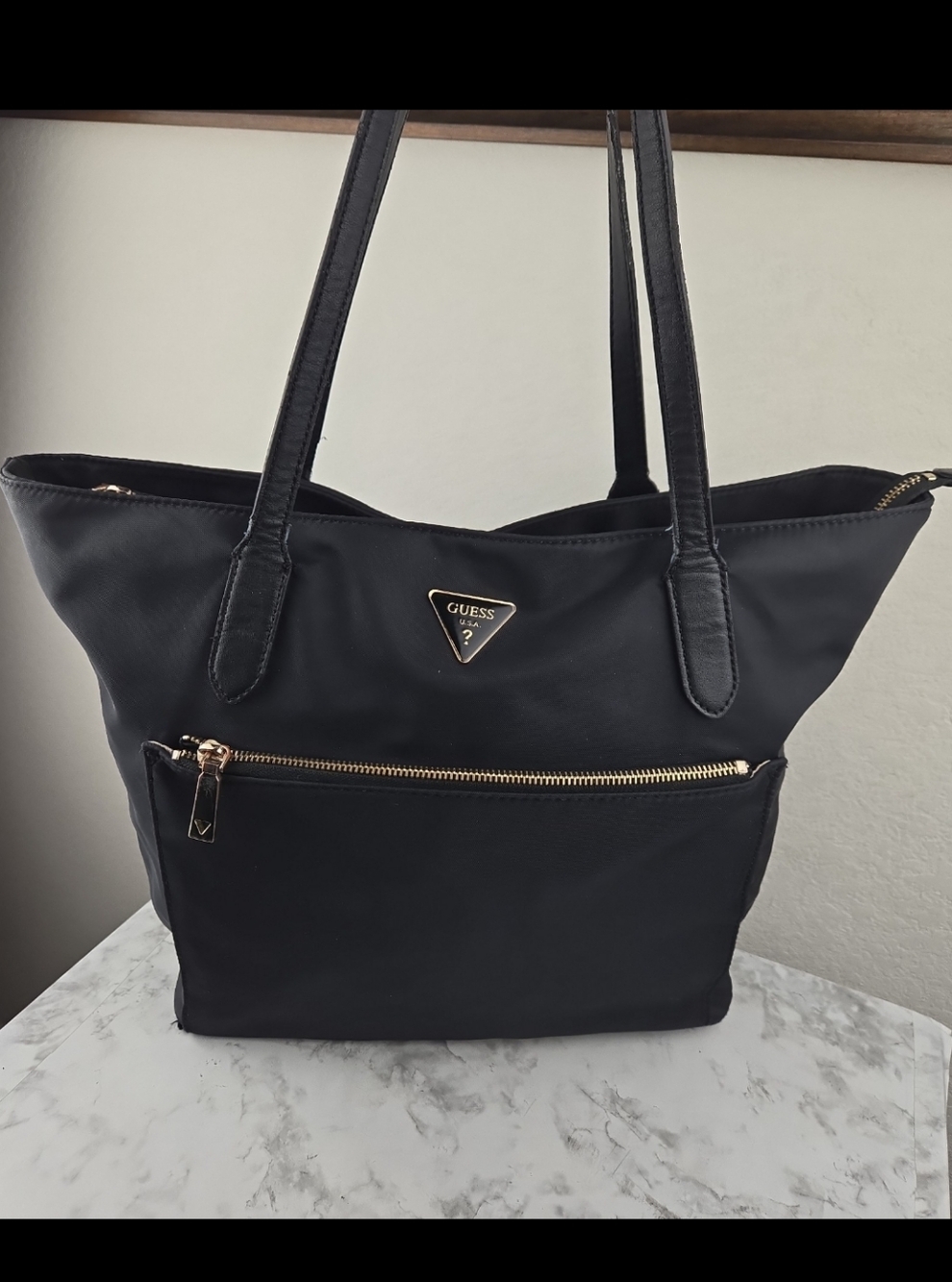 GUESS Nylon Black Tote Bag with Front Zip Pocket